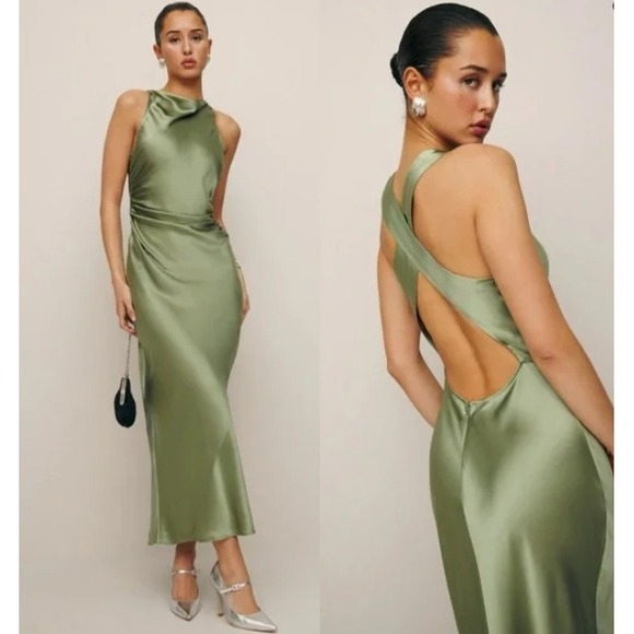 NEW NWT Reformation Casette Silk Dress Cowl Neck Maxi Long in Artichoke Green 8